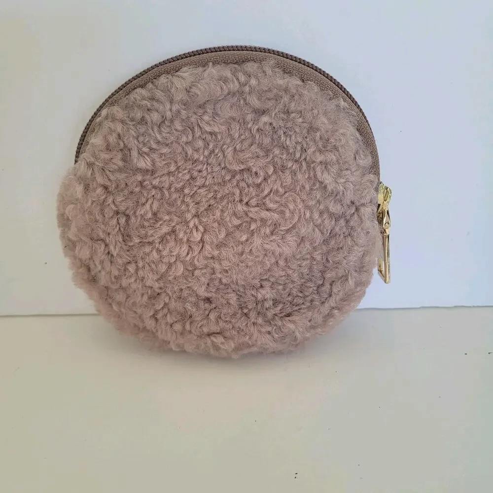 Pelle Borsa Coin Card Holder Wallet Medium Round Zip Quality‎ Teddy Faux Fur